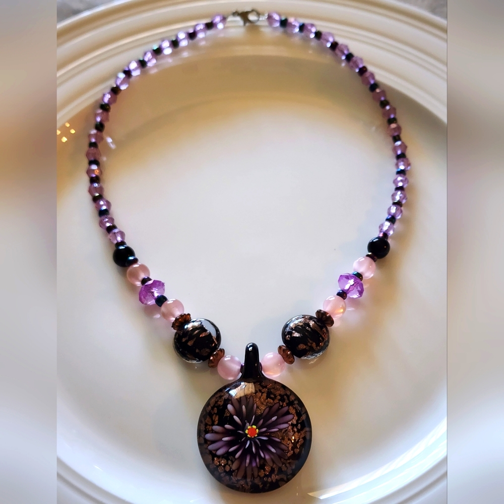 Floral lamp work necklace glass pendant